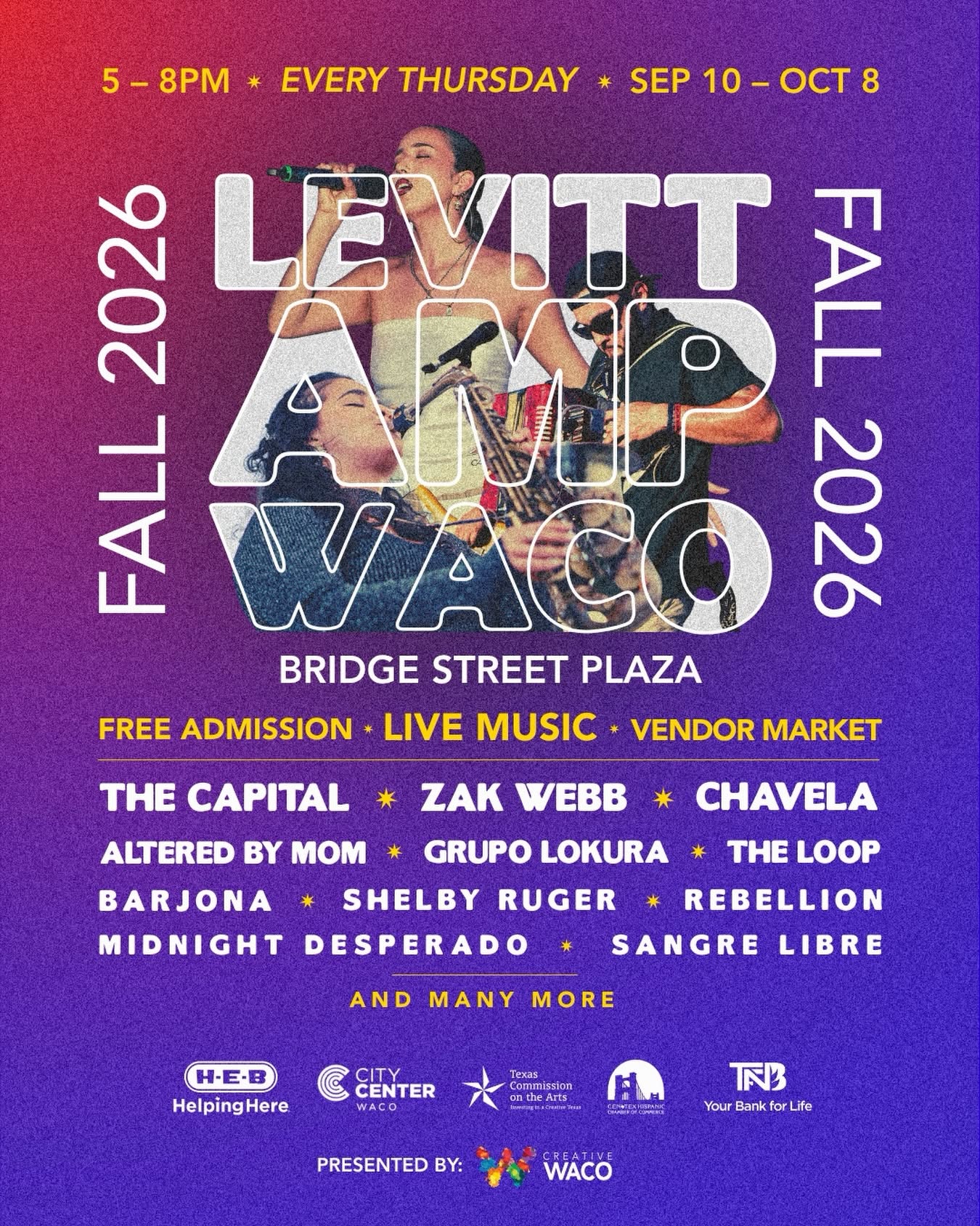Levitt AMP Waco Fall 2026 — free live music every Thursday, Sep 10 – Oct 8 at Bridge Street Plaza, featuring Sangre Libre